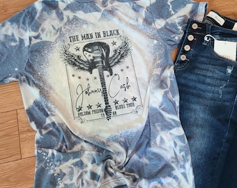 Man in Black Johnny Cash Nashville Guitar Country Music Western Blue Bleached T-Shirt Unisex Softstyle