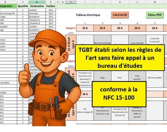 May include: An illustration of an electrician with an orange hard hat and overalls, pointing at an electrical diagram. The diagram includes text in French, with a yellow box stating "TGBT établit selon les règles de l'art sans faire appel à un bureau d'études."
