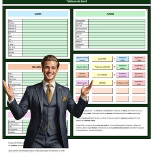 May include: A man in a dark suit with a gold tie and pocket watch stands in front of a green and white dashboard interface. The interface includes fields for client and article information, with buttons for adding and managing data.
