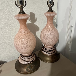 Pair Of MCM Pale Pink Swirl Glass Brass Boudoir Table Lamps