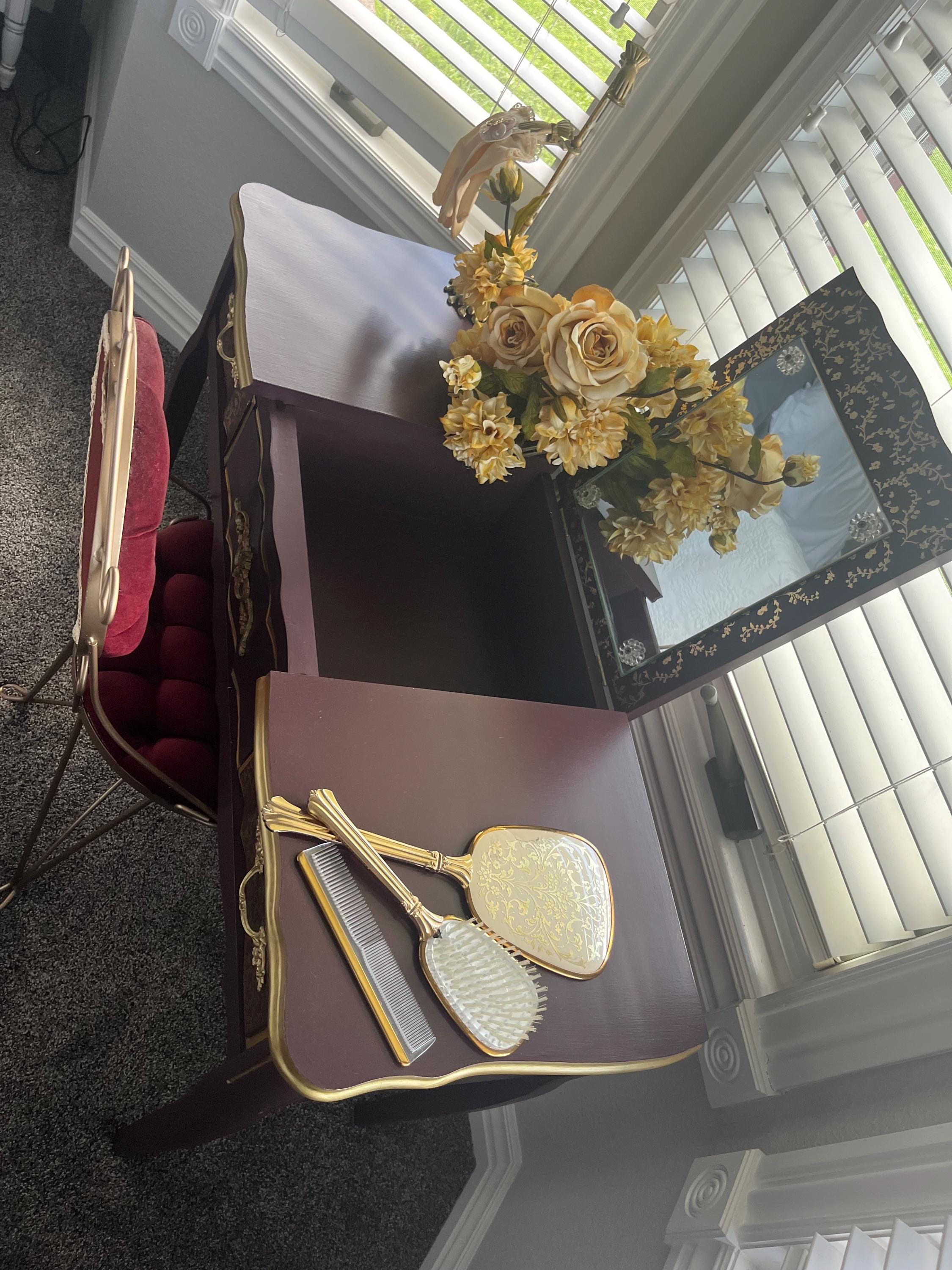 vanity table with mirror and chair