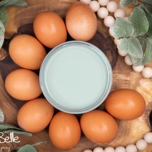 May include: A top-down shot features a wooden surface with a light blue paint can surrounded by brown eggs. Greenery and a string of white beads add to the rustic aesthetic. The Dixie Belle Paint Company logo is visible in the bottom left corner.