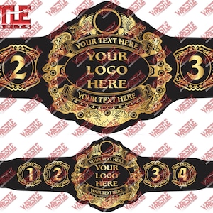 Może przedstawiać: Czarny i złoty pas mistrzowski w zapasach z tekstem "YOUR TEXT HERE" i "YOUR LOGO HERE". Pas ma złote akcenty, a na nim wyświetlane są numery 1, 2, 3 i 4.