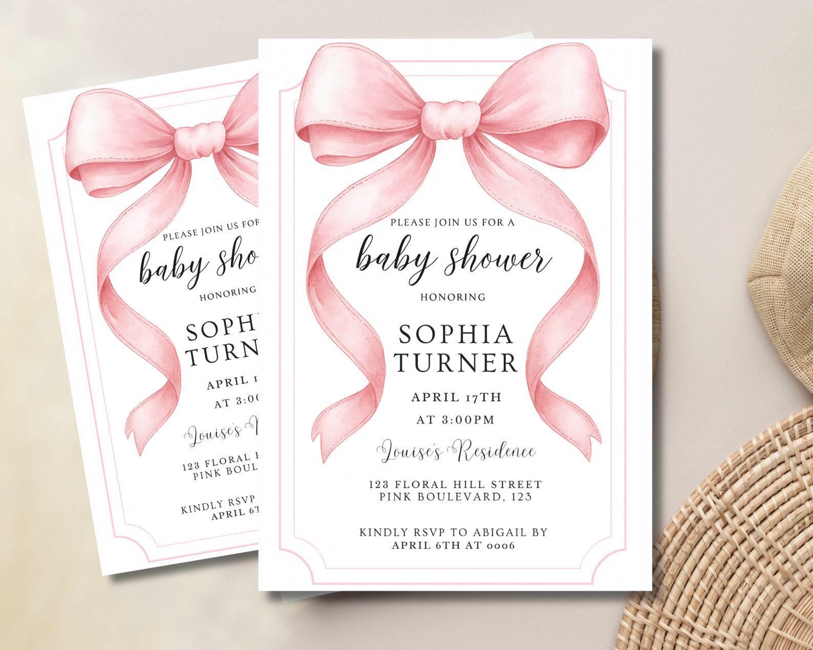 Blush Pink Bow Baby Shower Invitation: Elegant Watercolor (canva ...
