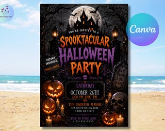 Halloween Party Invitation, Haunted House Halloween Party Invitation, Spooky Invite, Digital Halloween Party Invite, Editable Canva Template