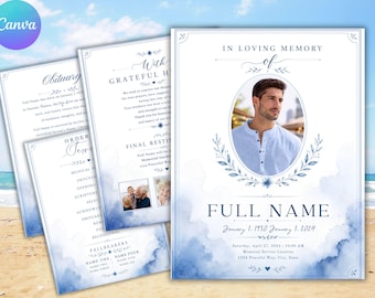Plantilla de programa funerario azul Canva, Programa funerario acuarela azul, Servicio conmemorativo, Celebración de la vida Canva, En memoria de un ser querido CANVA