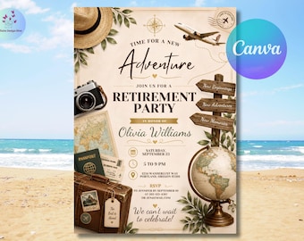 Retirement Party Invitation Template, Travel Theme Retirement Invite, Adventure Awaits Editable Invite, Vintage Travel Retirement Party