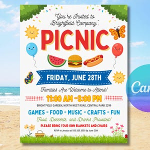 May include: A colourful picnic invitation featuring the word "PICNIC" in bold red letters. The design includes illustrations of food and balloons. The event is on Friday, June 28th, from 11:00 AM to 3:00 PM. Families are welcome to attend.