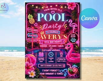 Invitación de cumpleaños con temática de piscina neón, invitación para fiesta de cumpleaños en la piscina, invitación para natación con brillo neón, invitación para fiesta en la piscina, plantilla editable de Canva
