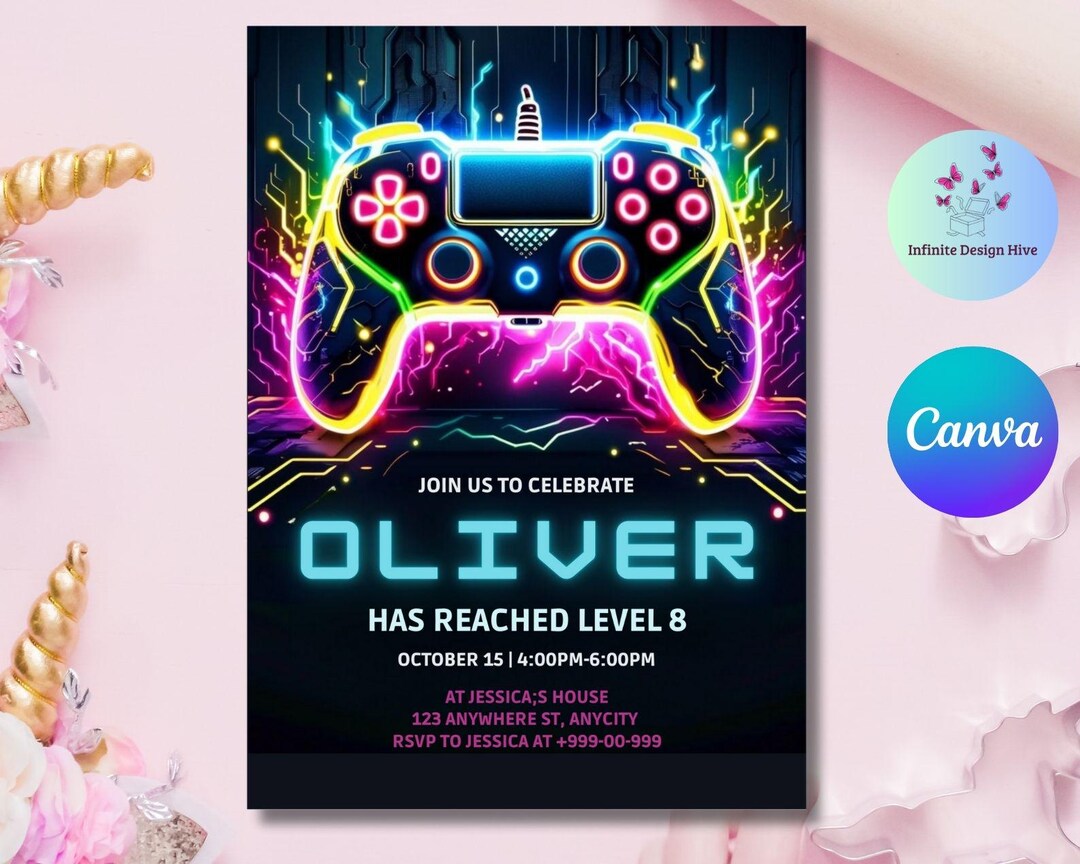 Neon Video Game Birthday Invitation: Editable Level up Template (canva ...