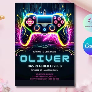Może przedstawiać: Neonowo zielony, niebieski i fioletowy kontroler do gier wideo z tekstem "JOIN US TO CELEBRATE OLIVER HAS REACHED LEVEL 8 OCTOBER 15 | 4:00PM-6:00PM AT JESSICA'S HOUSE 123 ANYWHERE ST, ANYCITY RSVP TO JESSICA AT +999-00-999" na czarnym tle.