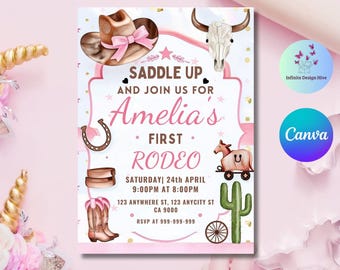 Erste Rodeo Geburtstagseinladung: Girl Cow Girl Theme (5x7 Canva)