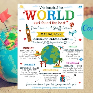International Theme Teacher Appreciation Flyer: Travel Itinerary (Canva Template)