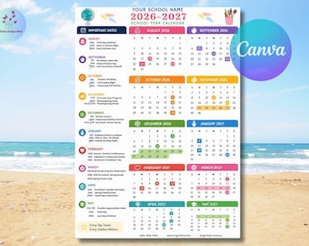 Plantilla de calendario escolar 2026-2027, folleto editable en Canva (descarga digital)