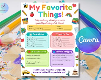 Teacher Favorite Things List: Appreciation Gift Questionnaire (Printable PDF Canva Template)