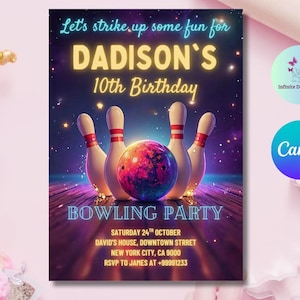 Rainbow Neon Bowling Birthday Invitation: Editable Template (5x7)