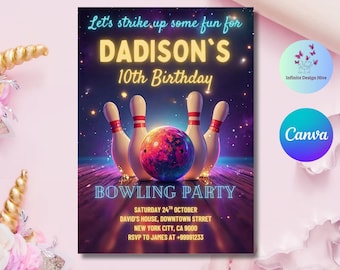 Invitación de cumpleaños de bolos con arcoíris neón: Plantilla editable (5x7)
