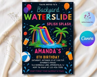 May include: A vibrant invitation for Amanda's 8th birthday party, featuring a backyard waterslide theme. The design includes a colorful waterslide, palm trees, balloons, and the text "SPLISH SPLASH." The invitation provides party details, including the date, time, and location.