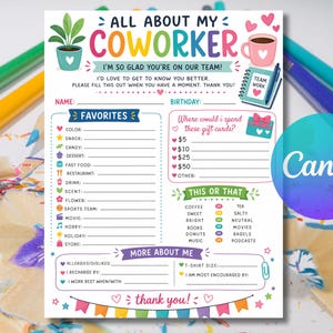 May include: A colorful coworker questionnaire with the text "All About My Coworker." The form includes sections for favorites, gift card preferences, and "This or That" options. A coffee cup, plant, and pencils are also visible.