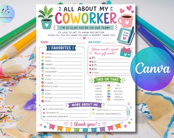 All About My Coworker Printable, Employee Favorites List, Favorite Things Questionnaire Template, All About Me Survey, Edit With Canva