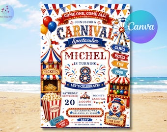 Carnival Birthday Party Invitation, Colorful Circus Theme Invite, Fun Fair Birthday Template, Editable Canva Design, Printable Party Invite