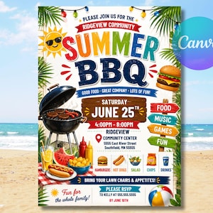 Könnte beinhalten: Ein farbenfrohes Plakat für ein Sommer-BBQ-Event. Das Design zeigt eine lächelnde Sonne, einen Grill mit Essen und den Text "Summer BBQ". Details sind Datum, Uhrzeit, Ort und RSVP-Informationen. Das Plakat listet auch Essen, Musik und Spiele auf.