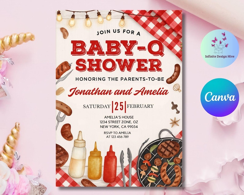 Baby-Q Baby Shower Invitation, Baby Q Backyard Couples Baby Sprinkle, Baby BBQ Party Template, Canva