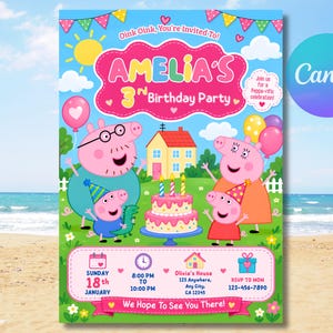 Puede incluir: Una invitación de cumpleaños digital con personajes de Peppa Pig, un pastel rosa de dos pisos y globos coloridos. El texto dice Amelia's 3rd Birthday Party, Oink Oink, You're Invited To, e incluye detalles del evento como fecha y lugar.