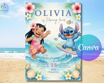 Stitch Birthday Invitation, Lilo And Stitch Birthday Invite, Stitch Birthday Party Invitation Template, Stitch Birthday Girl, Canva Editable