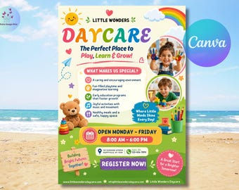 Plantilla editable para folletos de guardería, folletos de niñeras, folletos de cuidado infantil, folletos de marketing para guarderías (Plantilla Canva, descarga instantánea)