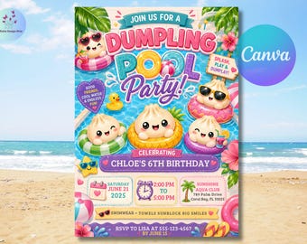 Dumpling Pool Party Birthday Invitation, Kawaii Dumpling Birthday Invite, Squishy Pool Party, Summer Swim Party, Editable Canva Template