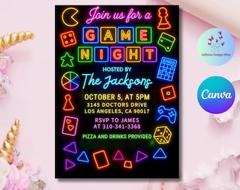 Bearbeitbare Spieleabend-Einladung: Neon-Brettspielparty (Instant Download)