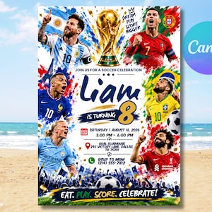 Puede incluir: Un póster de invitación de cumpleaños con temática de fútbol que presenta el trofeo de la Copa Mundial de la FIFA, varios jugadores profesionales y el texto: Liam is turning 8, Saturday August 16, 2026, 3:00 PM - 6:00 PM, Goal Clubhouse, 245 Victory Lane, Dallas, TX 75201, RSVP to Mom (214) 555-7812, Eat. Play. Score. Celebrate!
