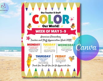 Rainbow Teacher Appreciation Week Itinerary Flyer (Canva Template)