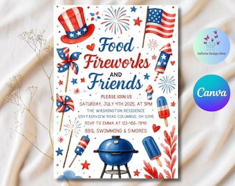 4th of July BBQ Invitation: Editable Party in USA Canva Template