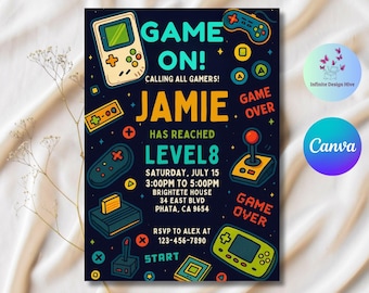 Plantilla de invitación de cumpleaños de videojuegos: invitación editable para fiesta de chicos (plantilla de Canva)