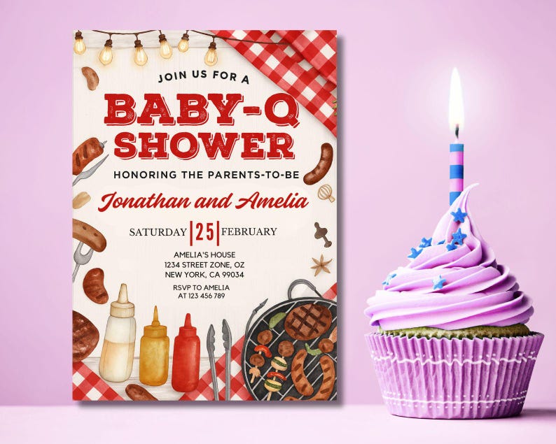 Baby-Q Baby Shower Invitation, Baby Q Backyard Couples Baby Sprinkle, Baby BBQ Party Template, Canva