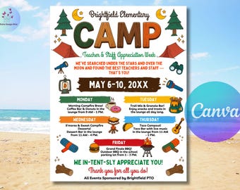 Editable Camp Theme Teacher & Staff Appreciation Day Camping Itinerary Flyer Canva Template Schedule Printable