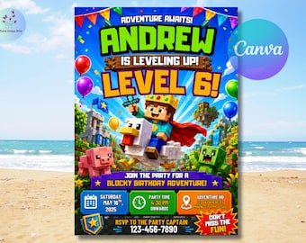 Invitación de cumpleaños de Mine Gaming Chicken Jockey, invitación personalizada de Pixel Craft (descarga digital)