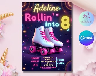 Glow Roller Skating Birthday Invitation: Editable Canva Template