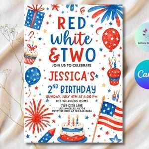Red White and Two Birthday Invitation: Patriotic 4th of July Party (Digital Download