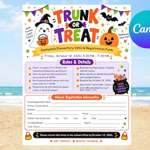 Pode incluir: Um formulário de registro de veículos para o evento Trunk or Treat da escola primária Sunnydale em 18 de outubro de 2026. O folheto apresenta ilustrações de um fantasma, abóbora e doces com seções de regras e informações.