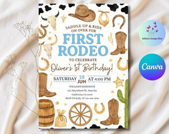 May include: A rodeo-themed birthday invitation with watercolor illustrations of cowboy boots, a hat, and a horseshoe. The invitation features the text "First Rodeo" and "Oliver's 1st Birthday!" in blue and brown tones, with event details.