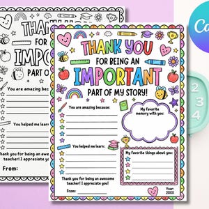 Pode incluir: Dois cartões de agradecimento para professores para imprimir com o texto "Thank You For Being An Important Part Of My Story!" e seções para preencher. Os cartões apresentam ilustrações coloridas de corações, arco-íris e materiais escolares.