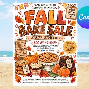 Pode incluir: Um folheto para uma venda de bolos de outono na Oakwood Elementary no sábado, 18 de outubro, das 9h às 14h. O design apresenta ilustrações de biscoitos, um cupcake, uma tarte, brownies e abóboras, decoradas com folhas de outono e corações.