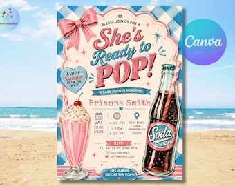 Retro Soda Baby Shower Invitation, Blue Gingham Baby Shower Invite, She’s Ready to Pop Baby Shower Invitation, Editable Canva Template