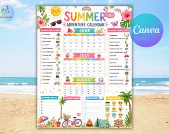 Calendario de verano editable 2026, póster, lista de actividades para el verano, planificador familiar, lista de verificación, plantilla imprimible, descarga digital instantánea.