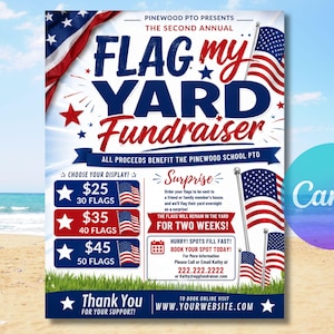 Peut inclure: Un dépliant pour la collecte de fonds Flag My Yard du Pinewood PTO avec des drapeaux américains, du texte rouge et bleu, et des niveaux de prix pour 30, 40 ou 50 drapeaux. Le design inclut des coordonnées et un site web pour réserver.