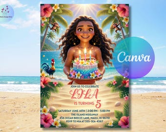 Moana Birthday Invitation - Editable Canva - Tropical Party