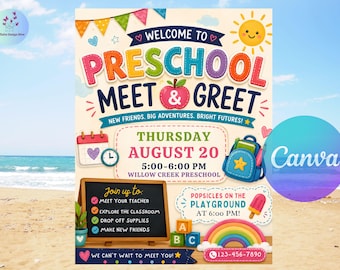 Modèle de flyer pour une rencontre de rentrée en maternelle | Bienvenue à la maternelle (image modifiable sur Canva) | Affiche pour une journée portes ouvertes en garderie | Événement de rentrée scolaire